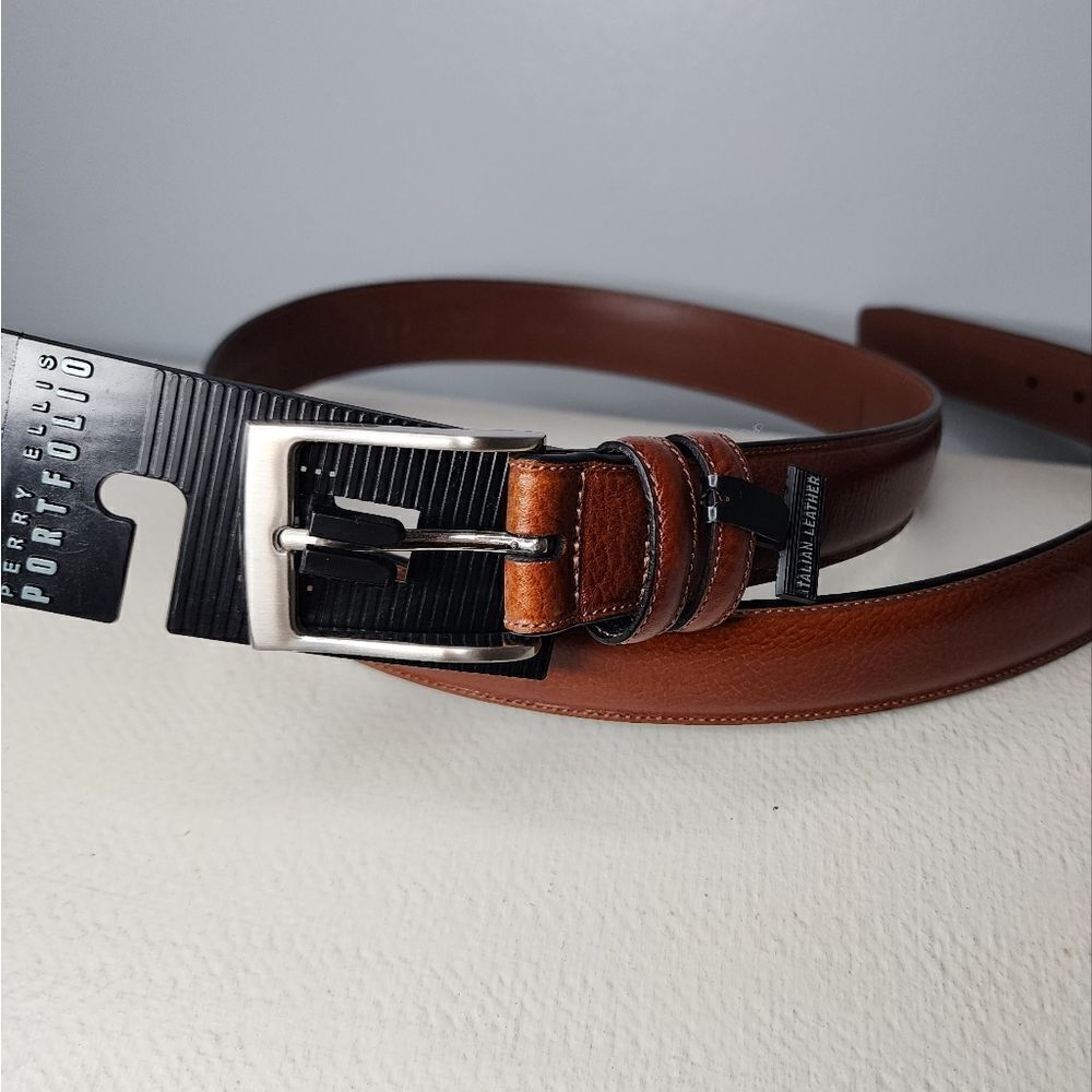 Mens Perry Ellis Italian Leather Belt Brown Size 36 Silver Buckle
